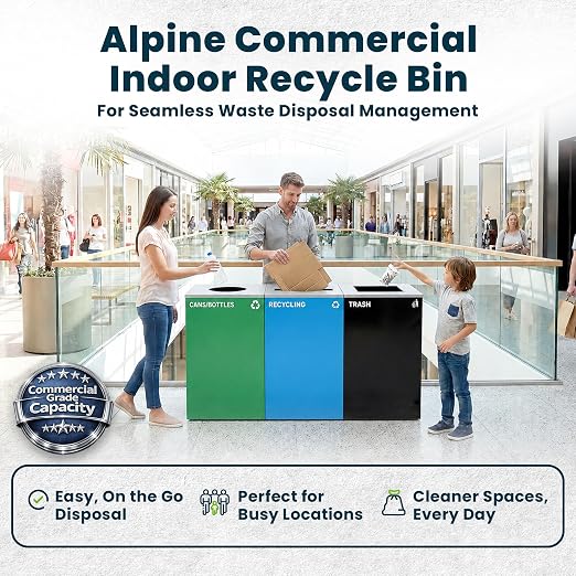 Alpine Commercial Indoor Recycle Bin - 29 Gallon Blue Recycle Bin Recycle Trash Can Office Recycling Bins, Metal Recycling Container with Stickers & 3 Optional Lids (lid Sold Separately)