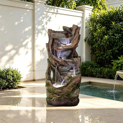 38.6" H Waterfall Fountains Outdoor, Large Garden Fountain with LED Lights, Floor Standing Cascading Water Fountains for Yard, Patio, Backyard, Porch Decor