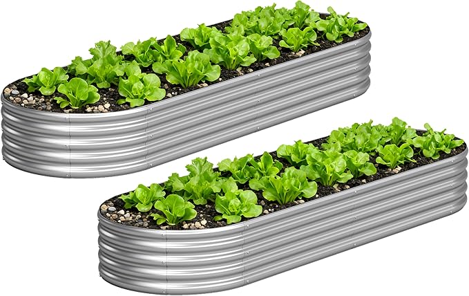 Galvanized Raised Garden Bed Outdoor, 8x2x1ft(2Pack) Metal Heavy Duty Planter Boxes for Gardening, Easy Assemble Bottomless Small Oval Plant Container Kit for Vegetable, Flower, Fruit, Silver