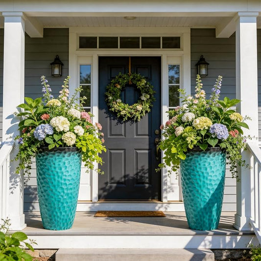 23.75" Turquoise Teal Plastic Tall Planters with Honeycomb Texture | Set of 2 PP tall planters with turquoise teal honeycomb texture, drainage plugs, and UV-treated finish for porch or patio