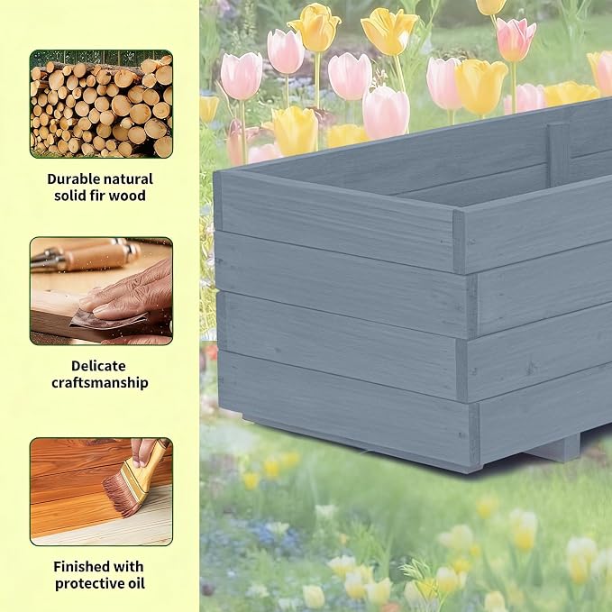 Fir Wood Raised Garden Bed Rectangular Planter for Outdoor Tomato Planter | For Herbs & Flowers Garden Includes Fabric Planter Liner, 4 Drainage Holes