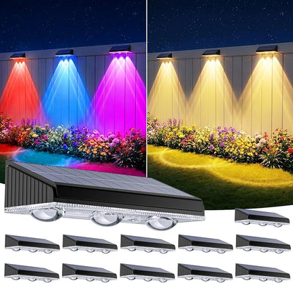 Solar Fence Lights Outdoor 12 Pack, Upgraded Brightness 3X LED Lens Fence Lights Solar Powered, 9 Fixed Colors & RGB Lights, IP65 Waterproof Solar Lights for Outside Backyard/Railing/Step/Patio