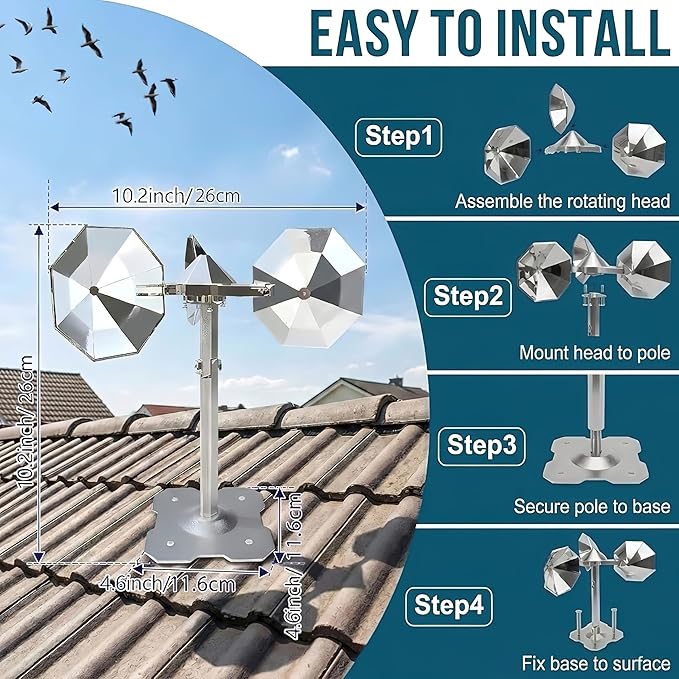 Bird Scare Reflective Device,Silver, Wind Powered Spinning, Bird Reflectors, Keep Pigeon Woodpeckers and Seagull Away for Garden Patio Yard,1PCS
