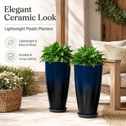 Neoaider Set of 2 Tall Planter, 21 inch Large Plastic Planter, Dark Blue | Ceramic-Look, Lightweight, Built-in Drain Hole, Saucers, Tall Outdoor Planter for Porch, Garden, Patio, Balcony