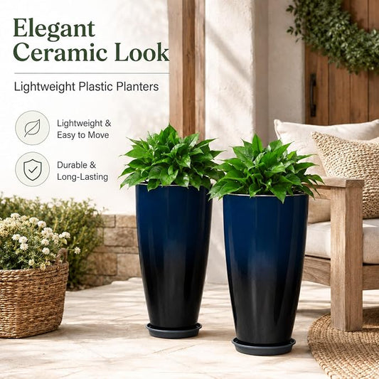 Neoaider Set of 2 Tall Planter, 21 inch Large Plastic Planter, Dark Blue | Ceramic-Look, Lightweight, Built-in Drain Hole, Saucers, Tall Outdoor Planter for Porch, Garden, Patio, Balcony