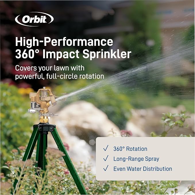 Orbit 1/2 Inch Brass Impact Sprinkler - Adjustable Metal Tripod - Long Range Lawn Watering System - 360 Degree Rotating Sprinkler - Heavy Duty Irrigation System - Adjustable 22-48 Inch Height - 58308