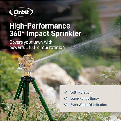 Orbit 1/2 Inch Brass Impact Sprinkler - Adjustable Metal Tripod - Long Range Lawn Watering System - 360 Degree Rotating Sprinkler - Heavy Duty Irrigation System - Adjustable 22-48 Inch Height - 58308