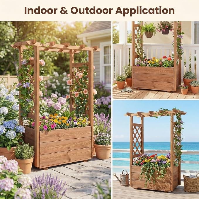 HAPPYGRILL Raised Garden Bed with Trellis, 31” x 16” x 41” Wood Elevated Planter Box with Roof, Freestanding Garden Planter for Climbing Plants Vines Flowers Herbs (2)