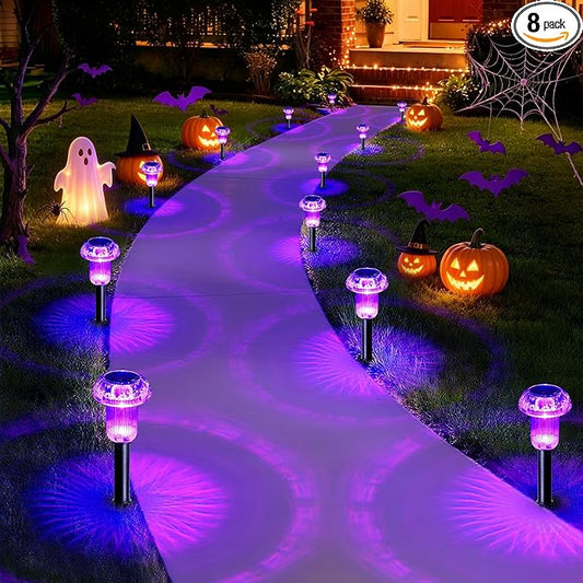 Priddop Solar Halloween Lights Outdoor Waterproof 8Pack Purple LED Mushroom | Yard Pathway Garden Decorative Patio Landscape Path Walkway Spike Pattern Acrylic Cap ABS Stake Outside Halloween Decor