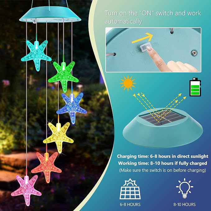 Solar Starfish Gift for Mom Grandma Girls, Colorful Solar Wind Chimes for Outside, Outdoor Decorative Mobile Lights for Garden, Yard, Patio, Window, Party, Outdoor Decorations