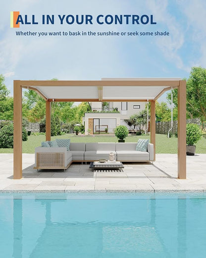 GarveeLife Louvered Pergola 11 ft x 13 ft, Outdoor Pergola with Adjustable Louvered Roof, Reinforced Aluminum Frame, Integrated Drainage System, Hardtop Gazebo for Patio, Deck, Wood Grain