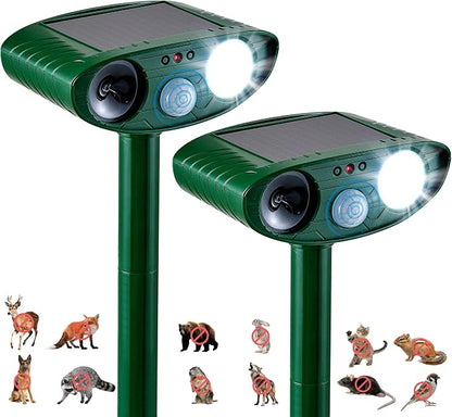 2 Pack Solar Animal Repeller for Raccoons, Deer & Squirrels - Ultrasonic & Strobe Light, Outdoor Deterrent for Cats, Dogs, Raccoons, Rabbits, Skunks, Foxes & More