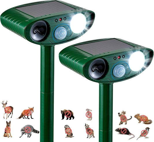 2 Pack Solar Animal Repeller for Raccoons, Deer & Squirrels - Ultrasonic & Strobe Light, Outdoor Deterrent for Cats, Dogs, Raccoons, Rabbits, Skunks, Foxes & More