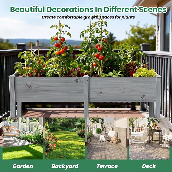 SUNYRISY Dual Wooden Raised Garden Bed Outdoor with Legs for Gardening, 71" L x 23.6" W x 31.5" H Elevated Planter Garden Box Raised Bed for Vegetable Flower Herb, Gray