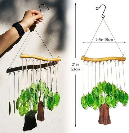 YU FENG Glass Wind Chime, Green Leaf Hanging Decor for Garden & Patio | Handcrafted leaf design, iron wood-look hanging bar, metal chime accents, window hanging ornament, outdoor home decoration