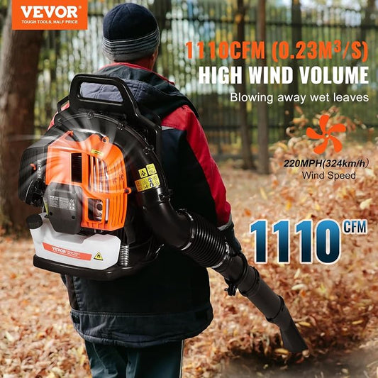 VEVOR 63CC Backpack Leaf Blower Gas Powered, 1.89L Tank, Delivers 1110CFM & 220MPH, Perfect for Garden Maintenance, Clearing Leaves & Snow