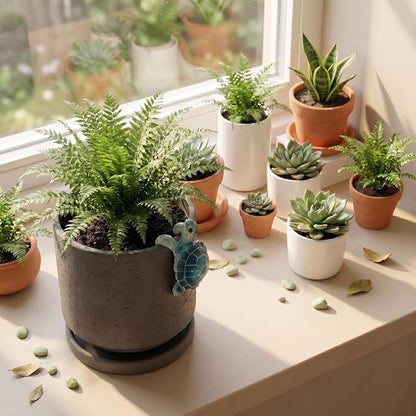 Nihow Ceramic Plant Pot with Cute Resin Figure for Idoor Plants, 5.75 Inch | Drainage Hole and Saucer, Indoor Use, Home Garden Patio Office