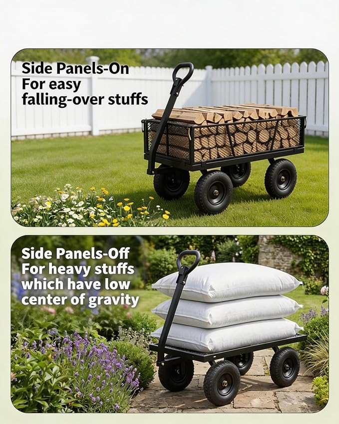 GarveeTech 800LBS Heavy Duty Steel Garden Cart, Garden Wagon Cart on Wheels, Metal Yard Utility Wagon with Removable Mesh Sides, 10" All Terrain Tires, 180° Rotating Handle for Lawn, Garden, Farm