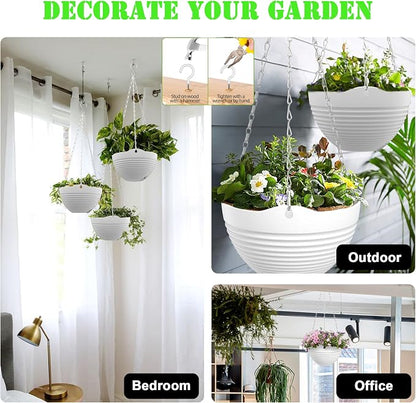 Hanging Planters, Set of 9 White Hanging Pots, 8" Hanging Flower Pots, Plant Pots with Drainage Plugs, Water Barrier and Chains, Come with Free Mini Garden Tools Set