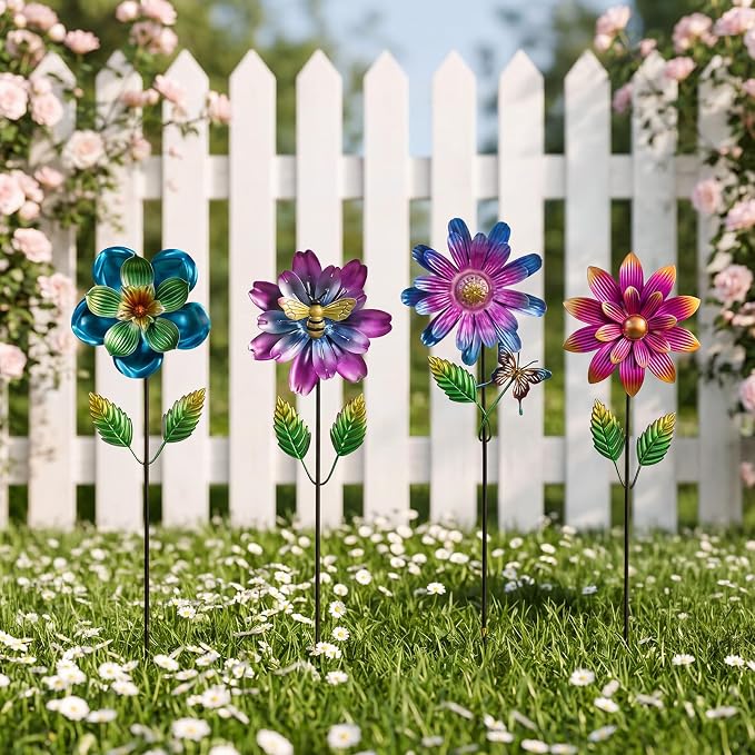 Calenzana Metal Flower Garden Stakes for Outside, 4 Pack Flower Garden Decor with Shaking Head for Yard Porch Lawn Pathway, Multi-Color
