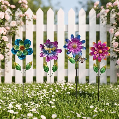 Calenzana Metal Flower Garden Stakes for Outside, 4 Pack Flower Garden Decor with Shaking Head for Yard Porch Lawn Pathway, Multi-Color