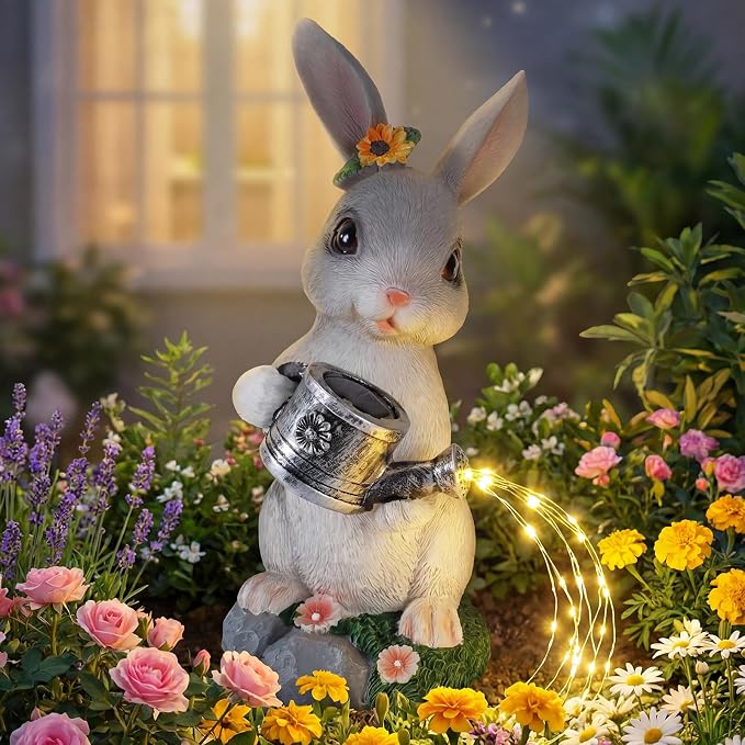 Solar Rabbit Garden Statues Outdoor Decor, Resin Rabbit Figurine Decorations with Solar Watering Can Light, Whimsical Bunny Sculpture for Garden Patio, Balcony, Yard, Lawn Ornament