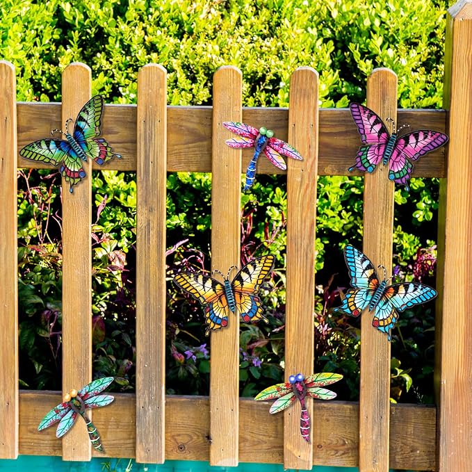 DEWEL 8 Pcs Metal Garden Decor for Outside, Butterfly Dragonfly Wall Decor Outdoor Wall Art, Colorful Hanging Decorations Wall Decor for Garden Fence Patio Yard, Great Gift Choice