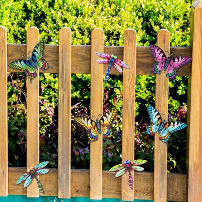 DEWEL 8 Pcs Metal Garden Decor for Outside, Butterfly Dragonfly Wall Decor Outdoor Wall Art, Colorful Hanging Decorations Wall Decor for Garden Fence Patio Yard, Great Gift Choice