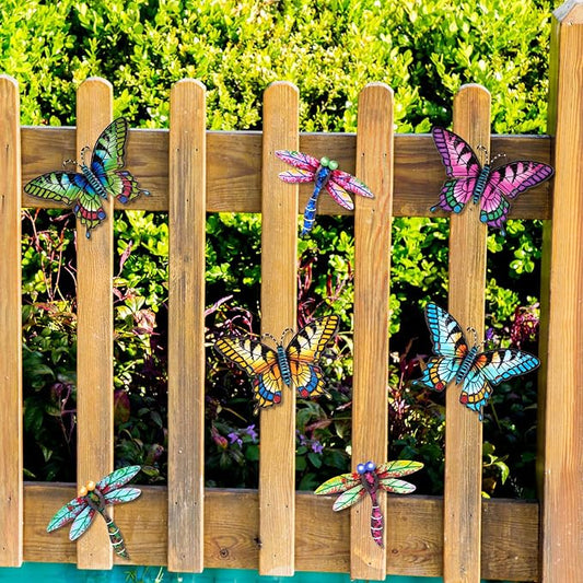 DEWEL 8 Pcs Metal Garden Decor for Outside, Butterfly Dragonfly Wall Decor Outdoor Wall Art, Colorful Hanging Decorations Wall Decor for Garden Fence Patio Yard, Great Gift Choice