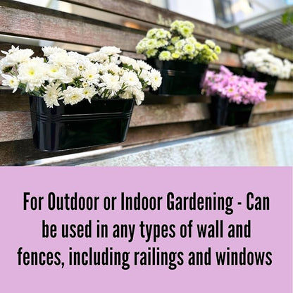 LaLaGreen Outdoor Planter (10 Pack, 9.8 Inch) Small and Cute Black Metal Iron Hanging Flower Pot Deck Railing Rail Fence Balcony Bucket Countryside Style Herb Window Box Plant Holder Hooks Porch Decor