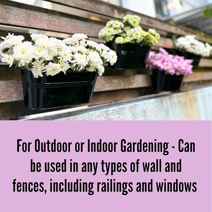 LaLaGreen Outdoor Rail Planter (8 Pack, 9.8 Inch) Small and Cute Black Metal Iron Hanging Flower Pots Deck Railings Fence Buckets Countryside Style Wall Mount Window Box Plant Holder Hooks Porch Decor