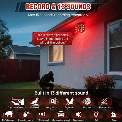 Solar Outdoor Motion Sensor Alarm, Dog Barking&Gunshot Sound,130db Loud Noise Maker,Support Recording,13 Kinds of Sound and Strobe Light to Deter Raccoons, Deer, Skunks, Bears, and Coyotes (2 Pack)
