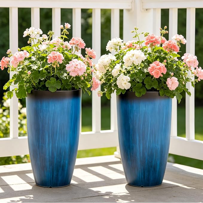 2-Pack 23.75" Cobalt Blue Round Tall Planters with Drainage Holes | Set of 2 PP tall planters with cobalt glaze look, drainage plugs, and UV-treated finish for porch, patio, or entryway