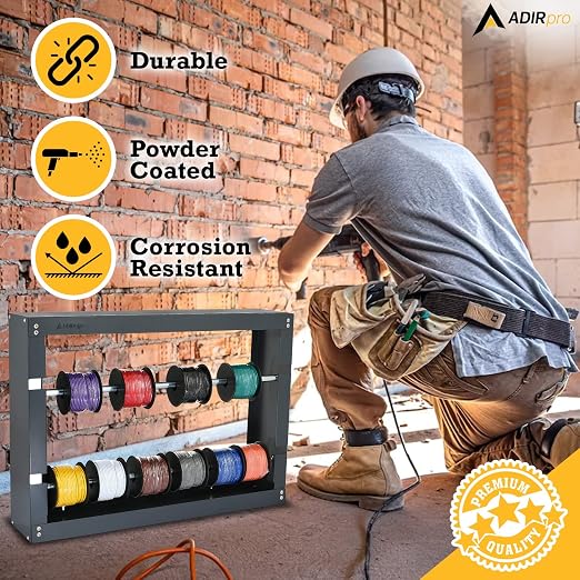 AdirPro Wire Spool Rack, 2-Rod | Heavy-Duty Wire & Cable Dispenser | Conduit Display & Storage for Electrical, Industrial & Retail Use | Grey