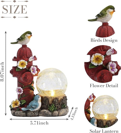 TERESA'S COLLECTIONS Garden Decor, Cute Birds and Hydrant Garden Statue with Solar Light Glass Ball, Waterproof Resin Outdoor Statue, Cute Bird Decor, Garden Gift for Women Mom, Indoor/Outdoor