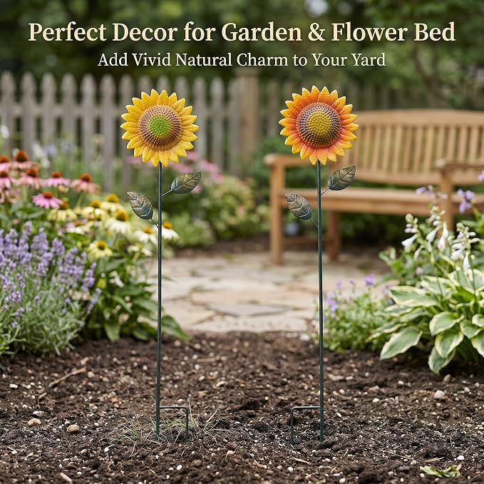 Topadorn Garden Decor for Outside, 2 Pack 39" Metal Sunflower Garden Stakes, Outdoor Yard Art Flower Stakes for Lawn, Patio & Flower Beds