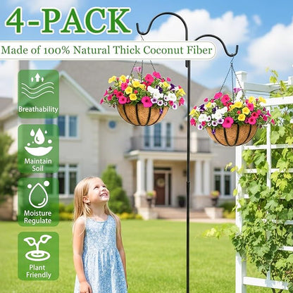 Hanging Planters for Outdoor Plants 4 Pack 14 inch Metal Hanging Flower Basket with Coco Coir Liner Wire Plant Holder Watering Flower Baskets Pot Hanger Garden Decoration for Indoor Outdoor(DQL)