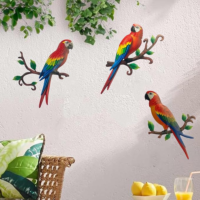 Limygus 3 Pack Colorful Tropical Metal Parrot Wall Art, Indoor Outdoor Hanging Decor for Garden Yard Balcony Bedroom