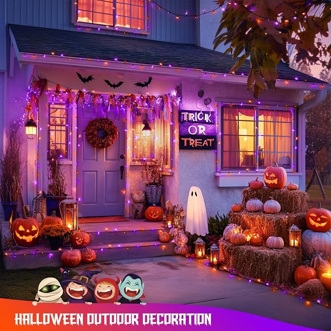 JMEXSUSS 2 Pack Solar Halloween Lights Orange and Purple, Total 200LED 66FT | Halloween Lights Outdoor Waterproof, 8 Modes Solar String Lights for Outside Patio Christmas Tree Yard Halloween Decor