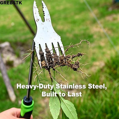 GREBSTK Deep Root Weed Puller, Stainless Steel Heavy Duty 5+2 Tooth | 5-Tooth Surface & 2-Tooth Root Claws, Rustproof Steel, Non-Slip Grip, for Dandelion, Thistle, Crabgrass in Lawns & Beds