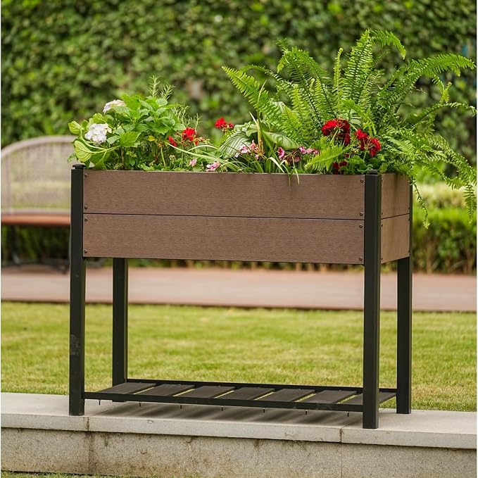 Garden Raised Bed with Shelf, 43*20*33.5in Deep Root Planter Box for Patio, Outdoor Herb with Bottom, Vegetable, and Flower Gardening - Durable Wooden Style Planter Box for Easy Mobility and Clearance