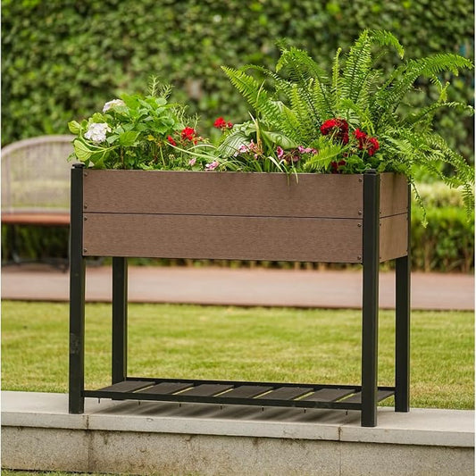 Garden Raised Bed with Shelf, 43*20*33.5in Deep Root Planter Box for Patio, Outdoor Herb with Bottom, Vegetable, and Flower Gardening - Durable Wooden Style Planter Box for Easy Mobility and Clearance