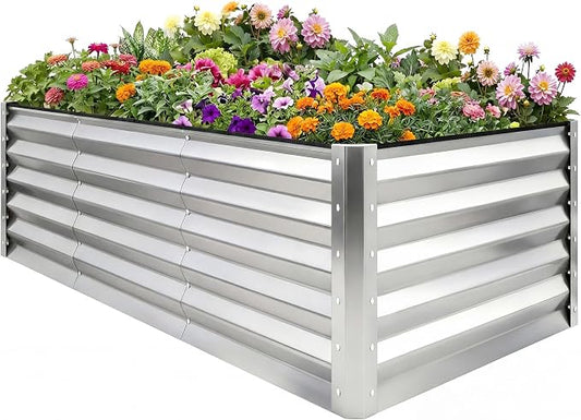YITAHOME 8x4x3ft Galvanized Raised Garden Bed, Metal Planter Box with Safety Rubber, Gloves, Outdoor Flower Bed for Planting Plants Vegetables, Silver