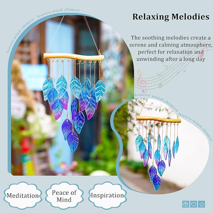 YU FENG 12.5 Inch Handmade Stained Glass Leaf Wind Chimes Window Decor | Unique Glass Chimes, Indoor Outdoor Hanging Ornament, Leaf Pattern Decoration for Patio Backyard Home