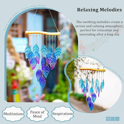 YU FENG 12.5 Inch Handmade Stained Glass Leaf Wind Chimes Window Decor | Unique Glass Chimes, Indoor Outdoor Hanging Ornament, Leaf Pattern Decoration for Patio Backyard Home