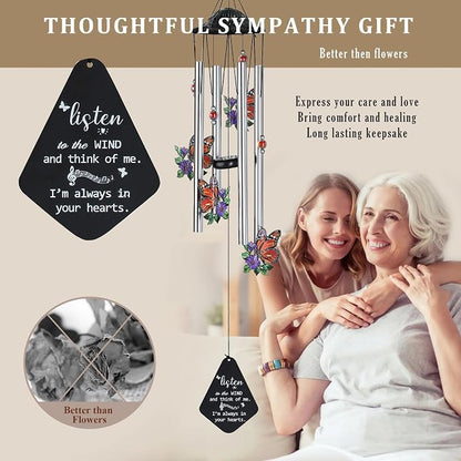 YU FENG Butterfly Memorial Wind Chime, Crystal Suncatcher Outdoor Decor | 34 Inch Metal Wind Chime, Butterfly Design, Sympathy Bereavement Gift, Garden Yard Patio Hanging Decoration