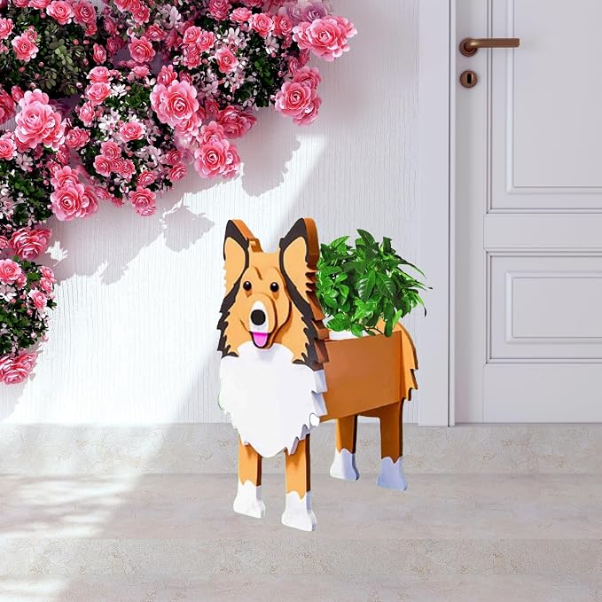 Sheltie Dog Planter Pots, 9.45 x 8.66 x 13.39 Inches | Dog Flower Pot, Cute Animal Shaped Plant Pot, Gifts for Women & Pet Lovers, Indoor Outdoor Garden Home Office Decor