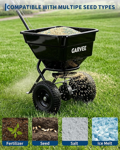 100LBS Push Broadcast Spreader, 12FT Spreading Width, 13in All-Terrain Wheels, Adjustable Flow Control, Heavy Duty Walk Behind Lawn Spreader for Fertilizer, Grass Seed, Ice Melt, Salt