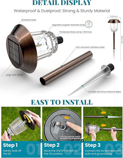 Solar Lights Outdoor Waterproof,6 Pack Bronze Pathway Lights with 10-40 LM Dimmable Glass and Metal, Solar Powered Garden Fall Decor for Yard,Patio,Pathway,Driveway(Warm White)