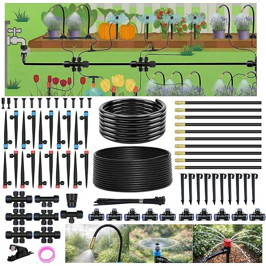 240FT Drip Irrigation System for Garden: Quick Connect 1/2" OD 5/16" ID PE Main Tubing Automatic Sprinkler Kit Adjustable Misting Part 1/4" Watering Hose for Outdoor Raised Bed Plants Flower Yard